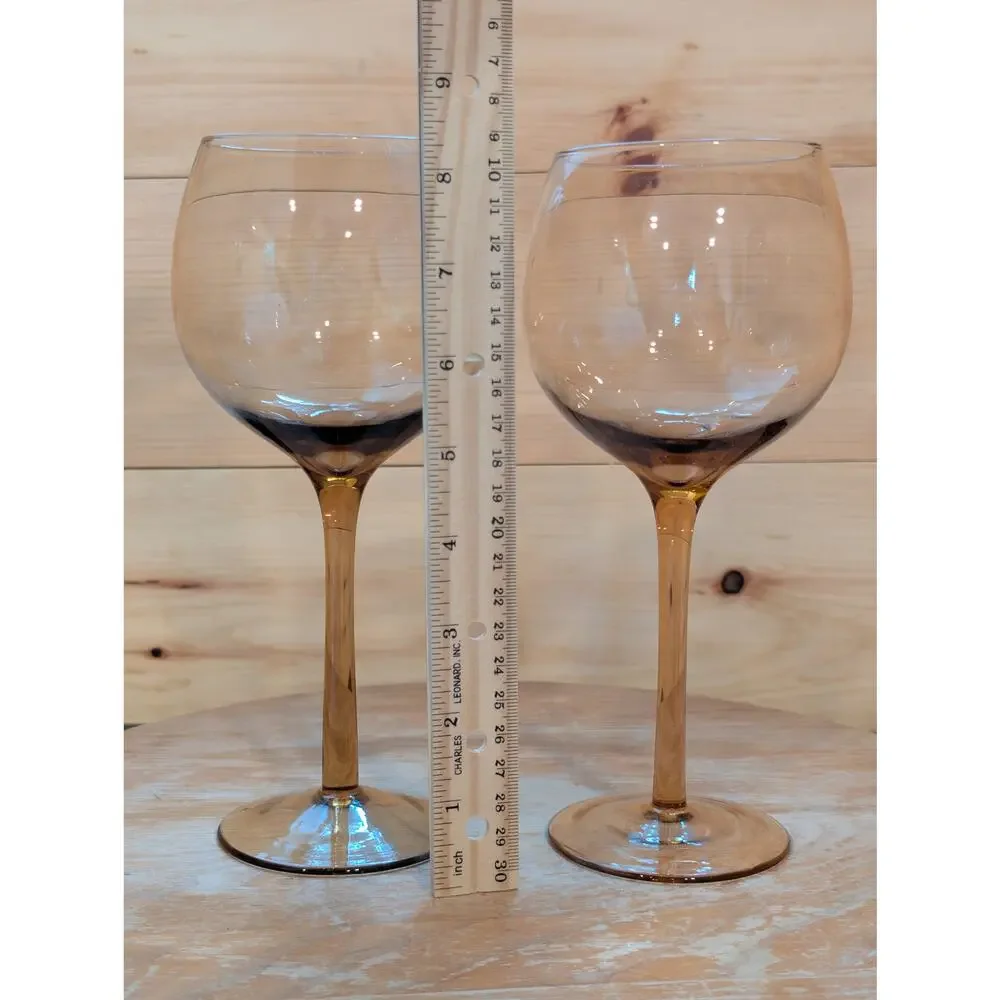 Set of 2 Amber Balloon Wine Glasses Large Stemware Vintage Style 8⅜